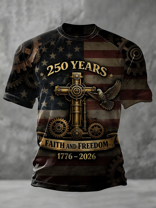 Men'S Casual Short-Sleeved Crew Neck T-Shirt With American 250th Anniversary Commemorative Print.