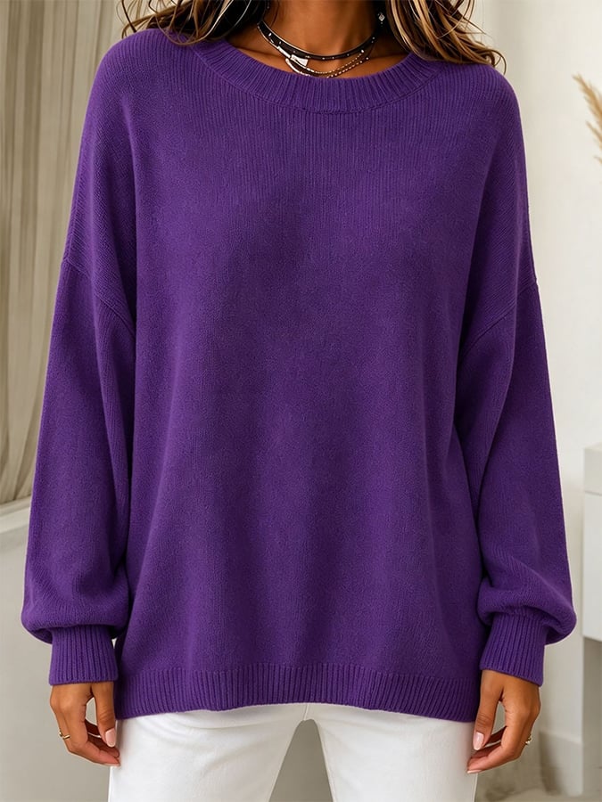 Women's Solid-Color Long-Sleeve Crew-Neck Knit Sweater