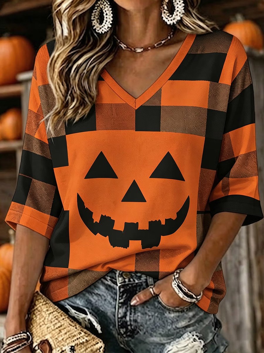 Women's Vintage Patchwork Halloween Pumpkin Face Art Printed Mid-length Sleeves V-neck T-shirt