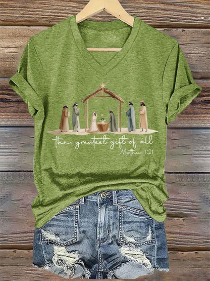 V-Neck Retro Christmas The Greatest Gift Of All Is Jesus Matthew 1:21 Print T-Shirt