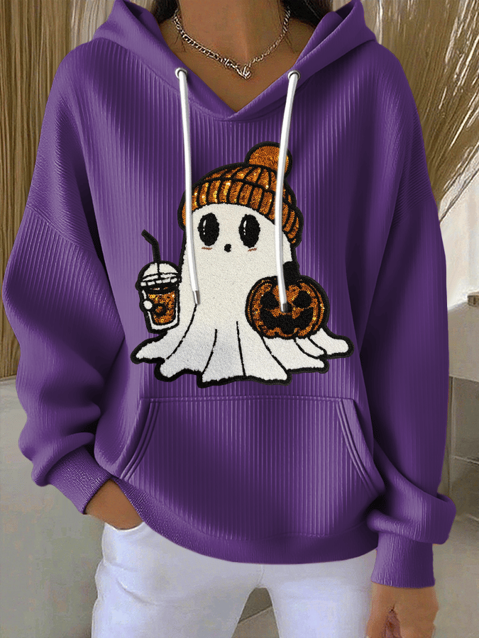 Women's Halloween Ghost Print Casual Hooded Sweatshirt