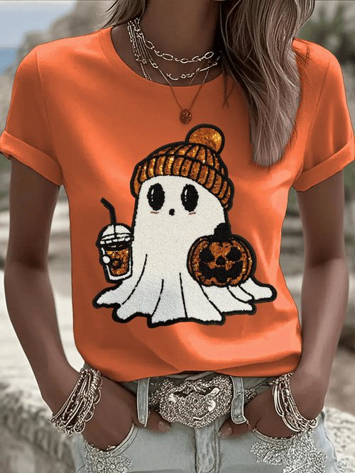 Women's Halloween Ghost Print Crew Neck T-Shirt