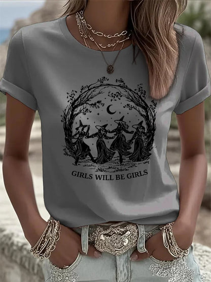 🔥HOT SALE🔥Women's Vintage Girls Will Be Girls Witch Print Casual T-shirt