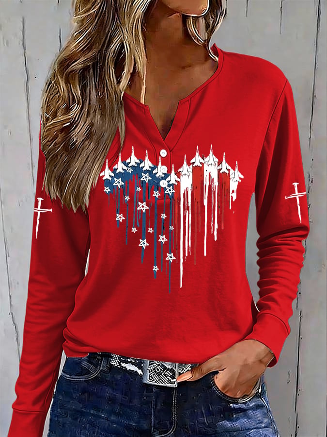 Women's casual retro flag-print button-up sweatshirt
