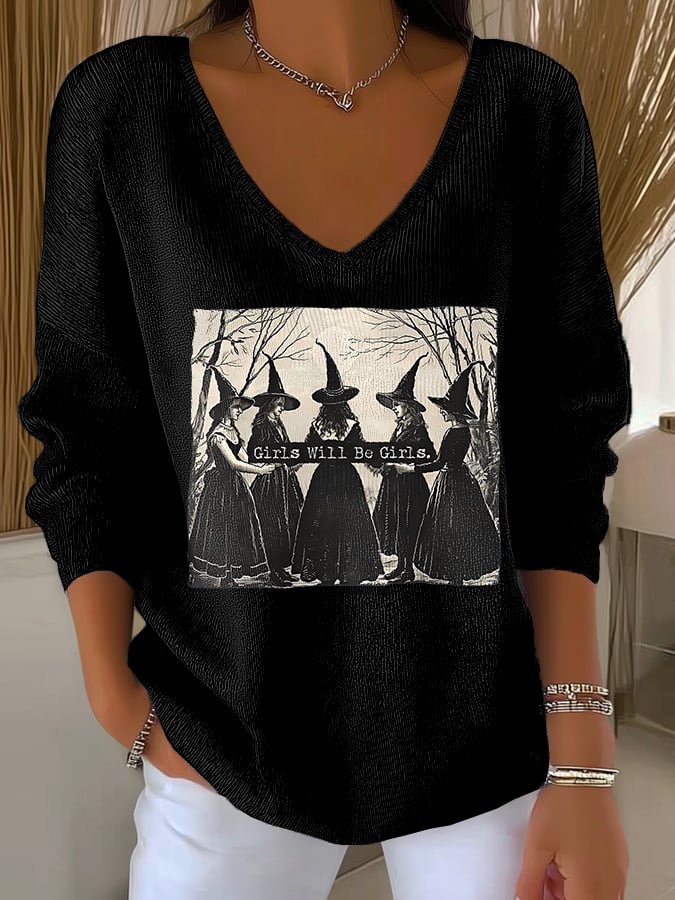 🔥Buy 2 Get 10% Off🔥Women's Vintage Girls Will Be Girls Witch Print V Neck Sweater