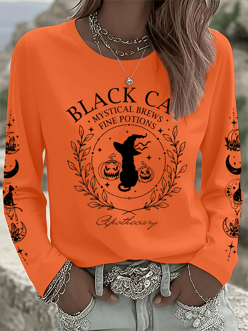 🔥HOT SALE🔥Women's Black Cat Mystical Brews Fine Potions Apothecary Print Long Sleeve T-Shirt