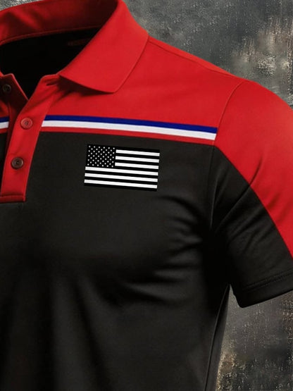 Men's Retro Patriotic Color-Block Short-Sleeve Polo Shirt