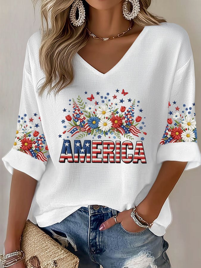 Women's casual retro 250th anniversary waffle-knit long-sleeved T-shirt