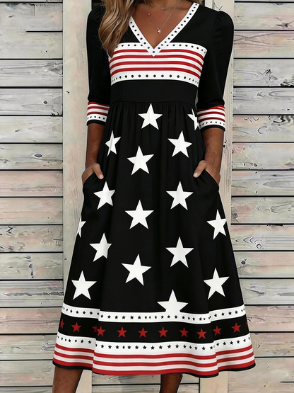 🔥Buy 3 Get 10% Off🔥Women's Retro American Independence Day Printed V-neck Dress