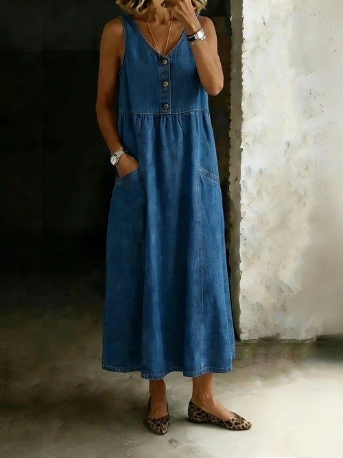 Women's Casual V-neck Sleeveless Denim Maxi Dress With Pockets