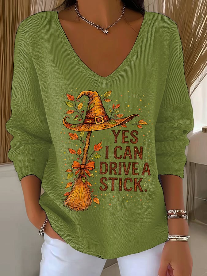 🔥HOT SALE🔥Women's Yes I Can Drive A Stick Print V Neck Sweater