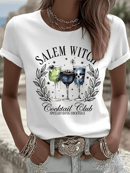 🔥HOT SALE🔥Women's Halloween Salem Witch Cocktail Club Spellbinding Cocktails Print Crew Neck T-Shirt