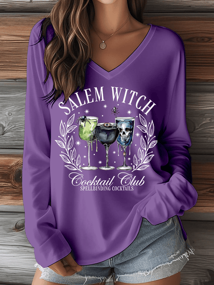 🔥HOT SALE🔥Women's Halloween Salem Witch Cocktail Club Spellbinding Cocktails Print V-Neck Long Sleeve T-Shirt