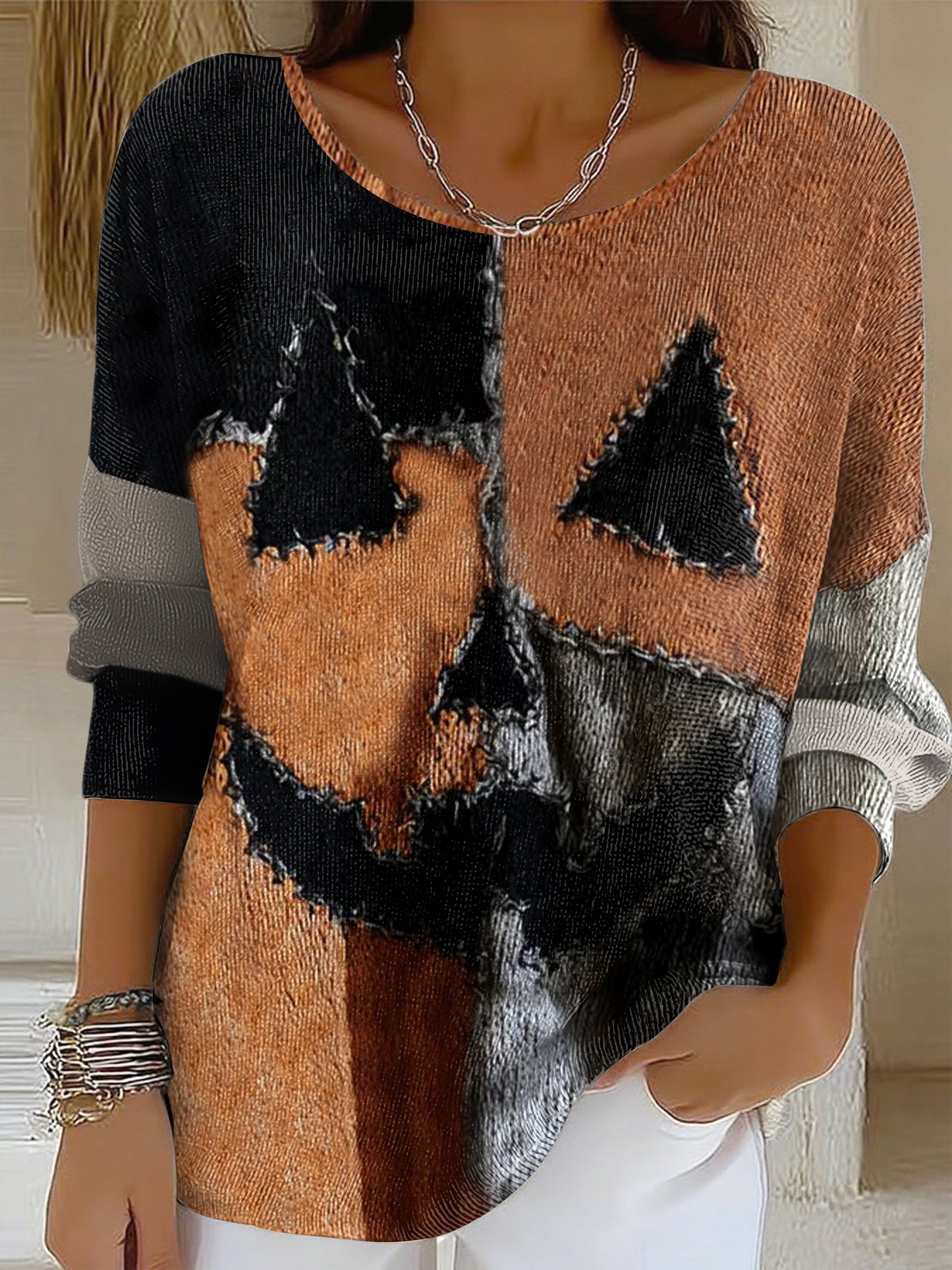 Women's Spooky Pumpkin Contrast Knitted Print Casual Top