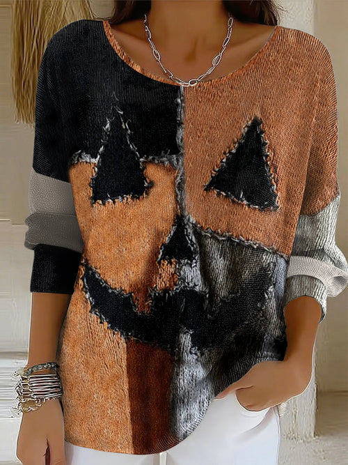 Women's Spooky Pumpkin Contrast Knitted Print Casual Top