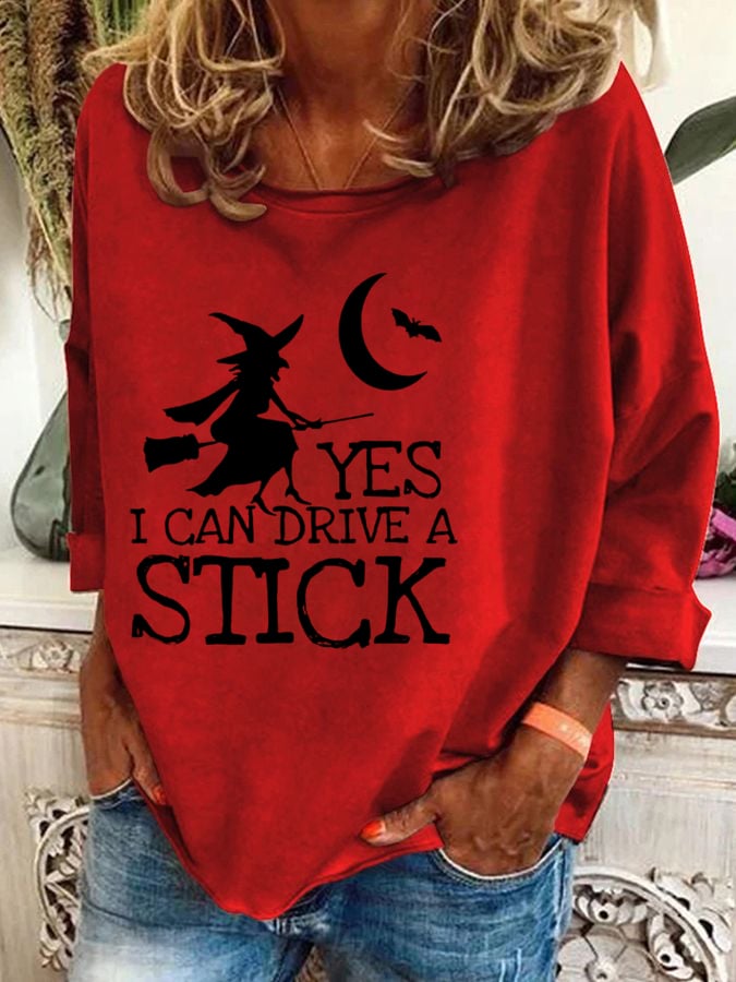 Women's Halloween Yes I Can Drive A Stick  Printed Crew Neck Sweatshirt