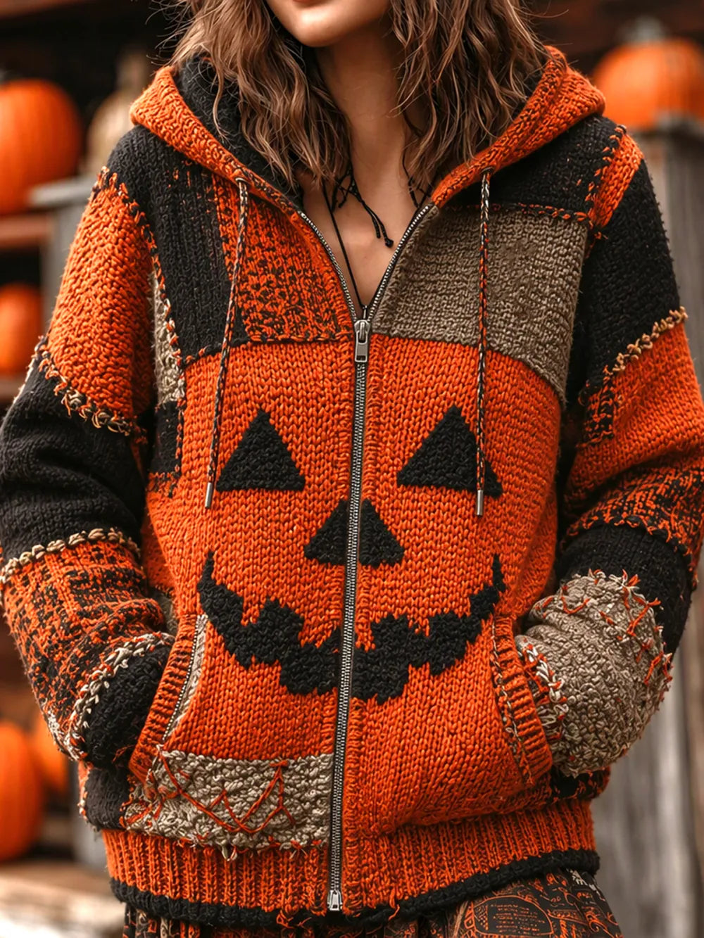 Women's Halloween Pumpkin Knit Zip-Up Hoodie