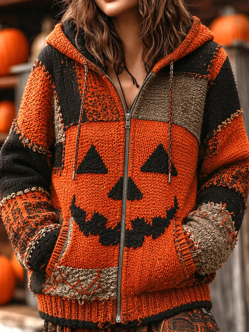 Women's Halloween Pumpkin Knit Zip-Up Hoodie