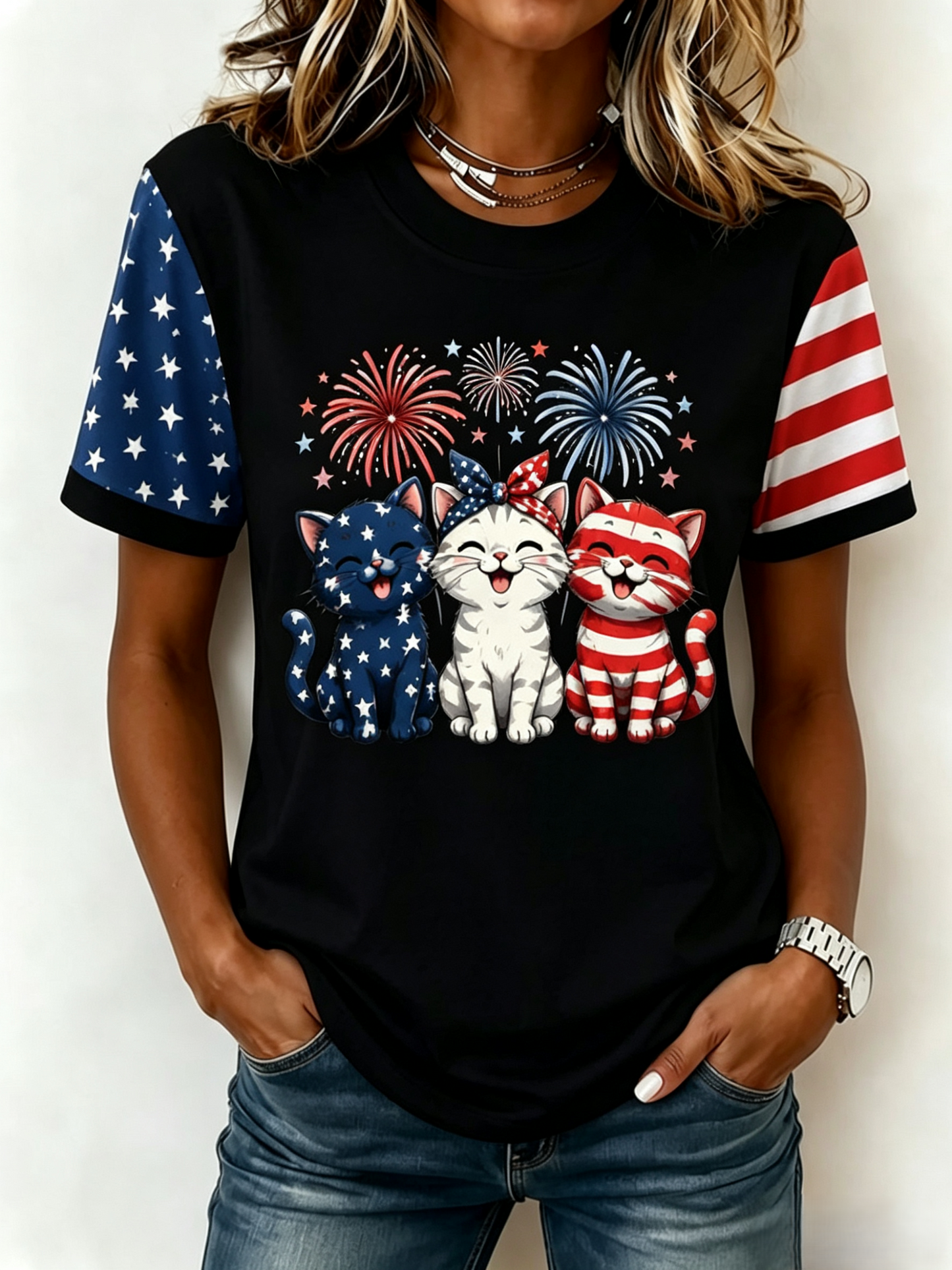 Women's American 250 Flag Kittens Printed Casual T-shirt