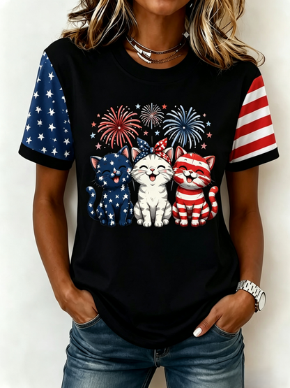 Women's American 250 Flag Kittens Printed Casual T-shirt