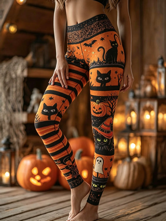 Women's Retro Halloween Black Cat Print Leggings