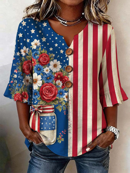 Women's Casual Patriotic Floral Print Top