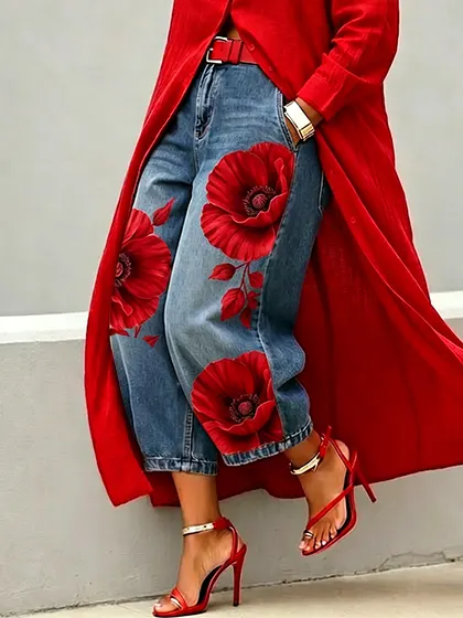 Women's Vintage Floral Art Casual Wide Denim Pants