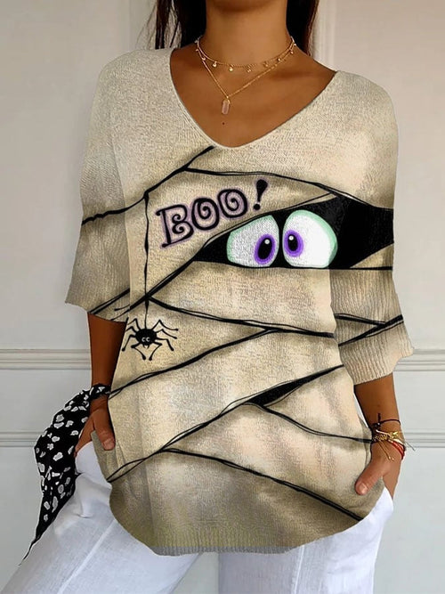Women's Retro Halloween Peekaboo Monster Print Shirt