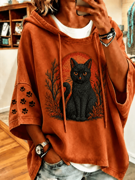 Women's Halloween Cat Print Hooded Sweatshirt