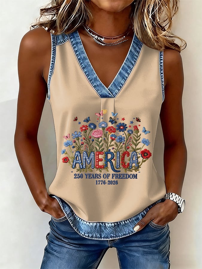 Women's casual retro American 250th V-Neck Vest