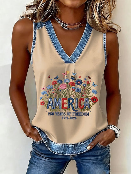 Women's casual retro American 250th V-Neck Vest