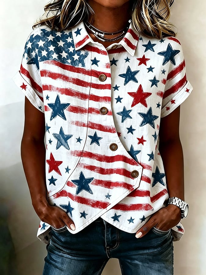 Women's Casual Retro Cotton-Linen Patriotic Shirt