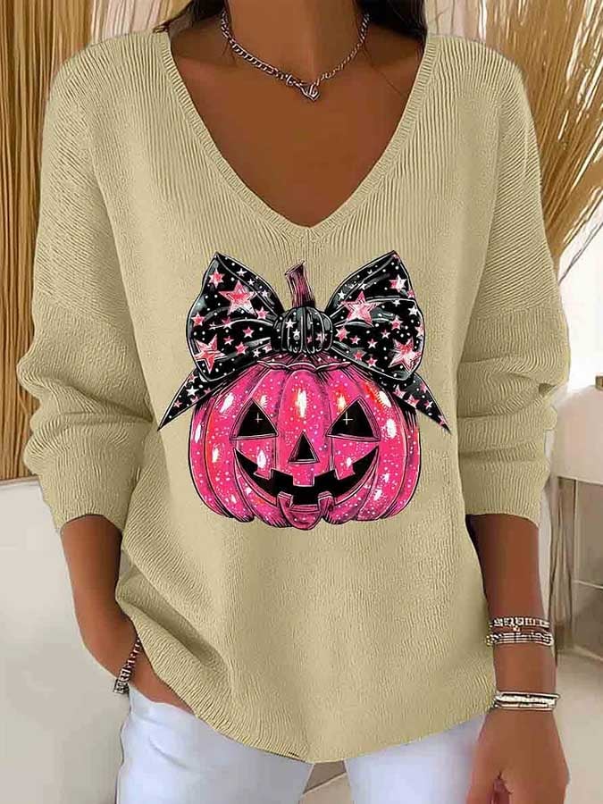Women's Halloween Pumpkin Face Print Long Sleeve Top
