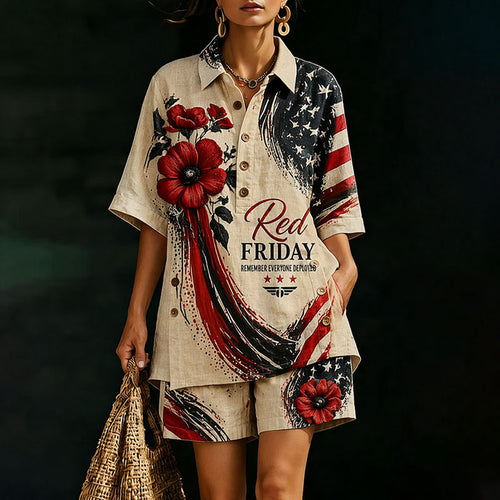 Women’s Red Friday American Flag and Poppy Floral Print Shirt and Shorts Set