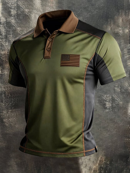 Men's Retro Patriot Color Block Polo Collar Short Sleeve