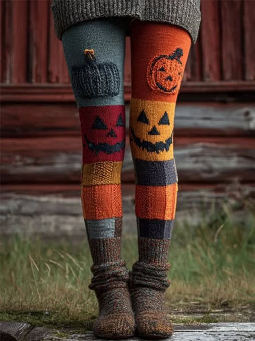 Women'S Casual Pit Stripe Knitted Halloween Themed Printed Elastic Leg