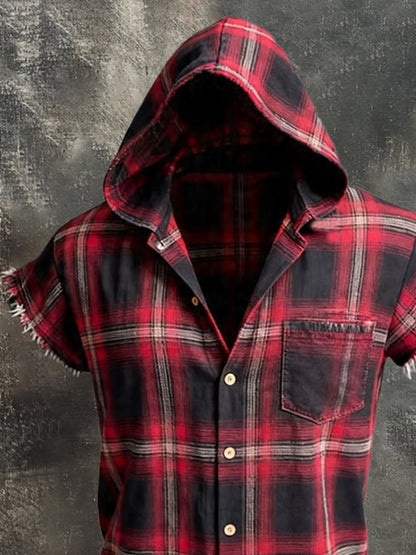 Men'S Retro Pure Cotton Distressed Short-Sleeve Hoodie T-Shirt
