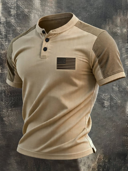 Men's Retro Patriotic Color-Block Short-Sleeve Henley T-Shirt