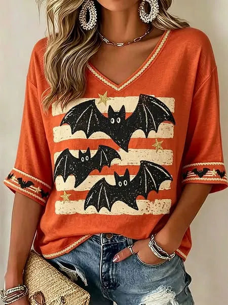 Women'S Retro Oute Cartoon Hallowean Bat PatternT-Shirt