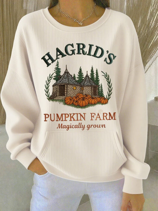 Women's Autumn Wizard Pumpkin Farm Print Casual Crew Neck Pocket Top