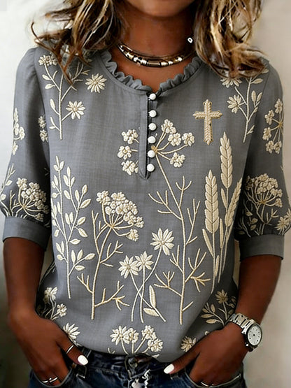 Women's Retro Faith Floral Print Top