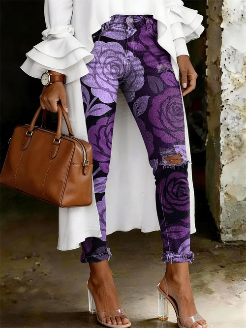 Women's Fashion Casual Multicolor Flowers Art Print Ripped Skinny Jeans
