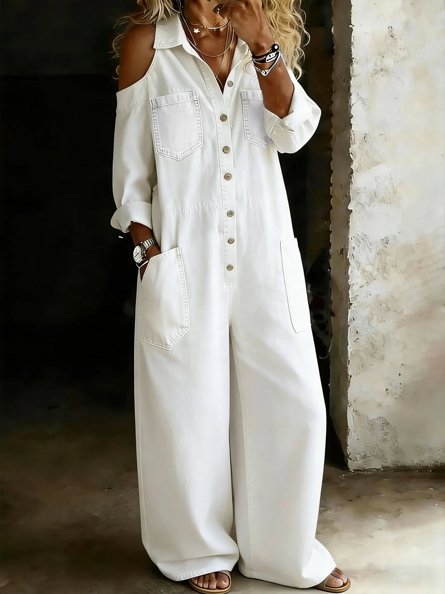 Women's Casual Off-shoulder Denim Jumpsuit