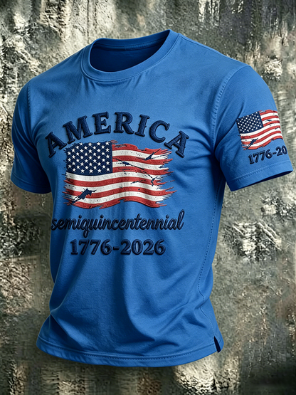 Men'S Casual American 250Th Anniversary Embroidered Print Round Neck T-Shirt