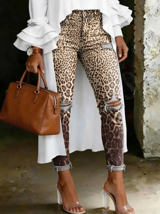 Women's Retro Ombré Leopard Print Artistic Print Casual Ripped Skinny Jeans