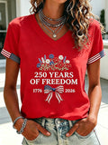 Women's 250 Years Of Freedom Flower Art Print V Neck T-shirt