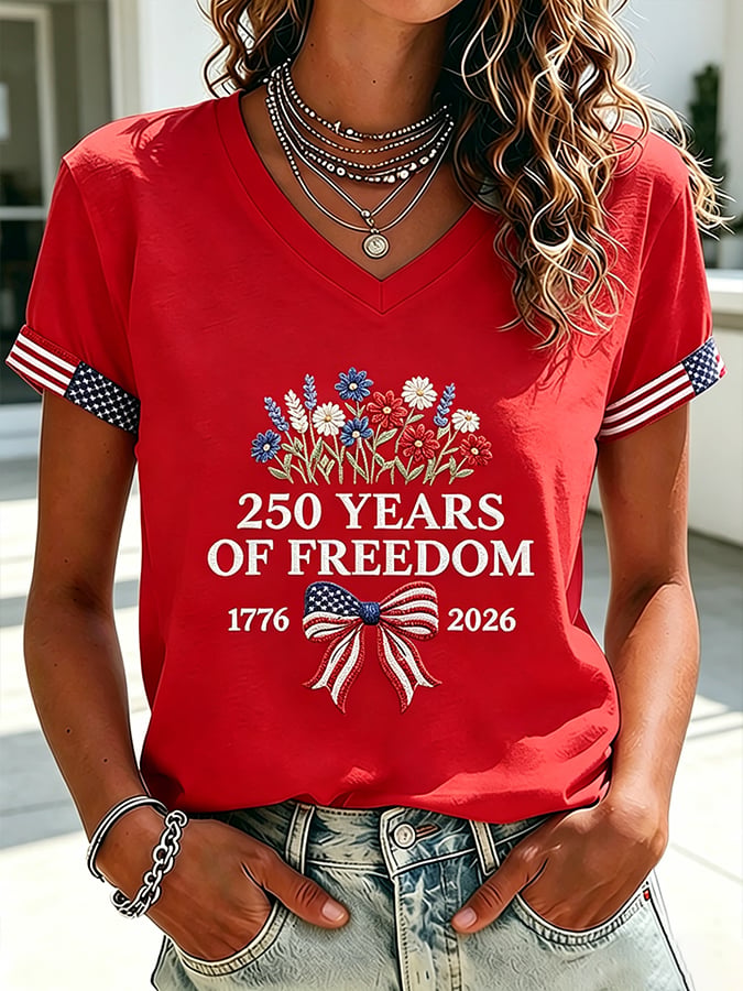 Women's 250 Years Of Freedom Flower Art Print V Neck T-shirt
