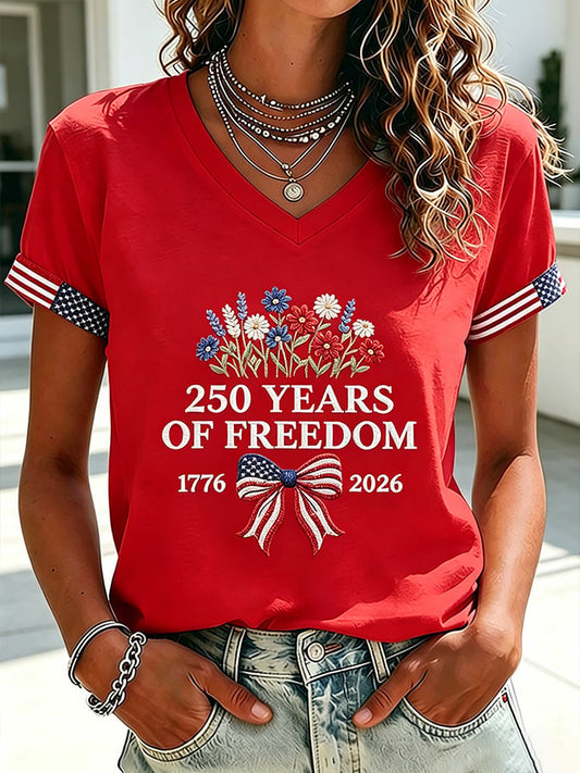 Women's 250 Years Of Freedom Flower Art Print V Neck T-shirt