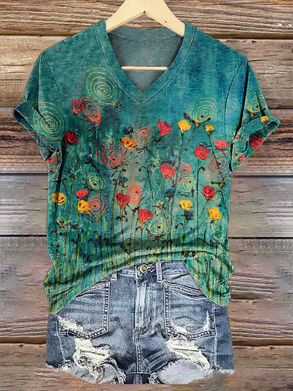 Floral Art Print Cotton Crew Neck T-Shirt