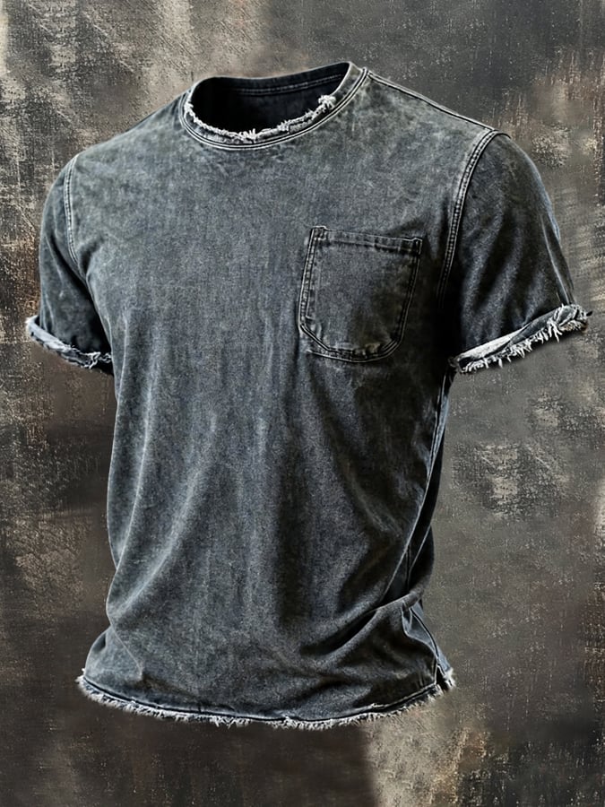 Men'S Vintage Pure Cotton Washed Crew-Neck Short-Sleeve T-Shirt With Distressed Details